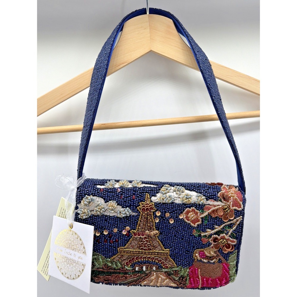Blue Small Beaded Shoulder Bag Paris Eiffel Tower Floral Snap Lined NWT France